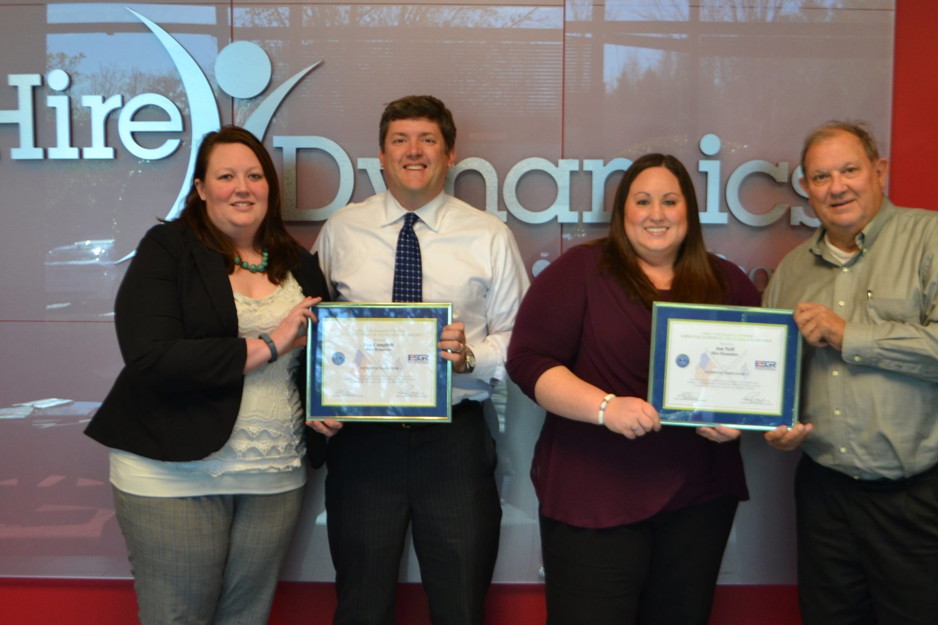 Jasmine Bean staffing specialist, Alpharetta Branch, Dan Campbell CEO of Hire Dynamics, Kristy Jones Branch Manager, Alpharetta Branch and Joel Seymour who presented the award. 